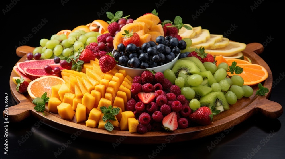 a platter of fruit including grapes, oranges, raspberries, strawberries, and melons.