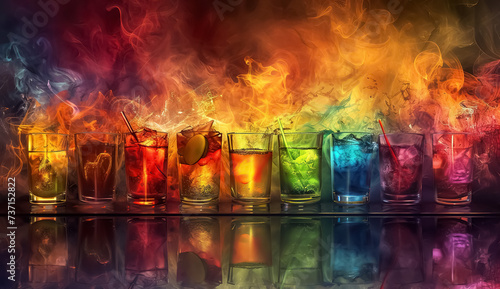 set of fresh and colorful exotic alcohol cocktail on counter in nightclub, collection of cold and fancy tropical drinks on table in bar