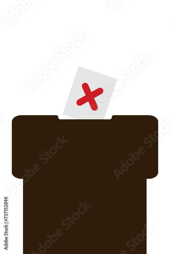 Voting box and ballot with check mark of disagreement. Vector illustration