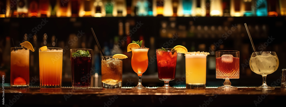 set of fresh and colorful exotic alcohol cocktail on counter in nightclub, collection of cold and fancy tropical drinks on table in bar set of fresh and colorful exotic alcohol cocktail on counter in nightclub, collection of cold and fancy tropical drinks on table in bar