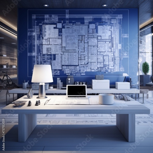 A computer desk with a laptop on it against a blue wall in an office , generated by AI © tino