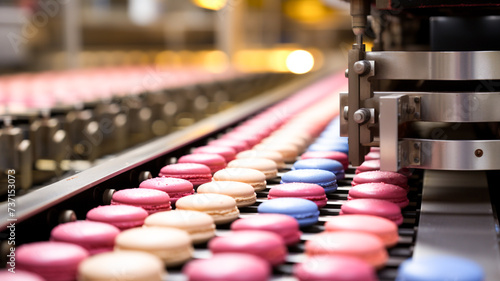 Colorful macarons production line. Automated process in the bakery.

 photo