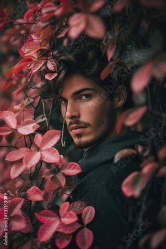 the pink leaves and flowers on the tree next to him, in the style of vignetting, rubens, singular focus, dark green and green, uhd image, zeiss batis 18mm f/2.8, fine lines, delicate curves photo