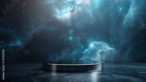 empty black metalic podium on blue star galaxy background for product presentation photo