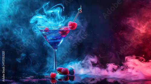 fresh and cold colorful cocktail iwth berries and fruits on black background, fance alcohol drink in fog or smoke in nightclub photo