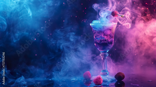 fresh and cold colorful cocktail iwth berries and fruits on black background, fance alcohol drink in fog or smoke in nightclub