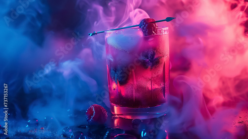 fresh and cold colorful cocktail iwth berries and fruits on black background, fance alcohol drink in fog or smoke in nightclub photo