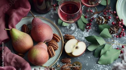 a plate of apples, pecans, and a glass of wine on a table with holly leaves and berries. photo