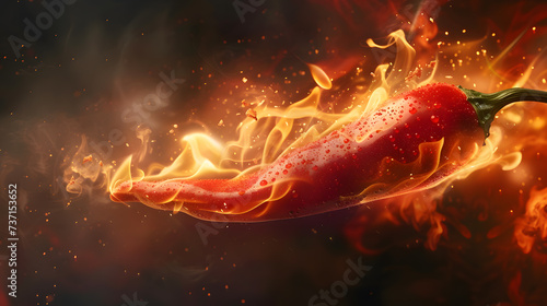 Red chili pepper in burning with fire flame on a dark background