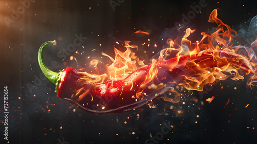 Red chili pepper in  burning with fire flame  on a dark background © Oksana