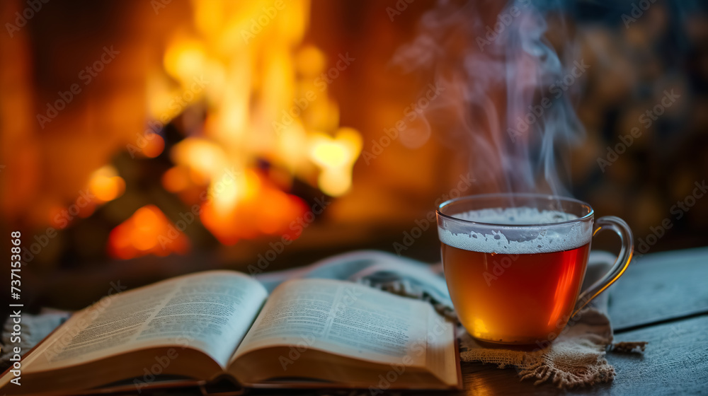 cup of tea and open book near fireplace at cozy home, hot drink at winter evening by fire place, cosy rest and relaxation concept cup of tea and open book near fireplace at cozy home, hot drink at winter evening by fire place, cosy rest and relaxation concept