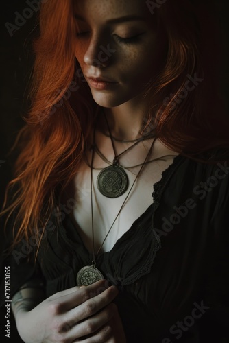 the woman has red hair, in the style of divinatory objects, talismans, and amulets, soft-focus technique, light black, wiccan, photo taken with nikon d750, intuitive gestures, mood lighting photo