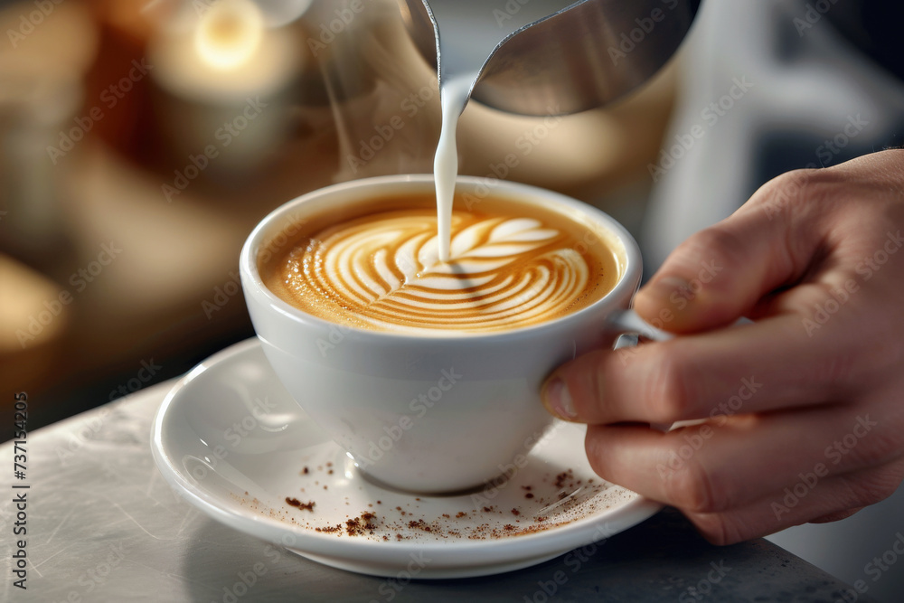 Barista Pouring Milk to Create Latte Art. A professional barista skillfully making latte art, with detailed focus on the hands pouring milk into a coffee cup Barista Pouring Milk to Create Latte Art. A professional barista skillfully making latte art, with detailed focus on the hands pouring milk into a coffee cup