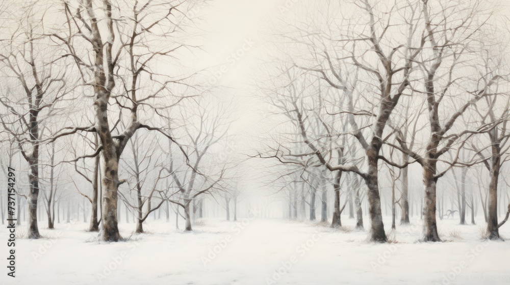 a painting of a snow covered forest with trees and ground on the ground. a painting of a snow covered forest with trees and ground on the ground.