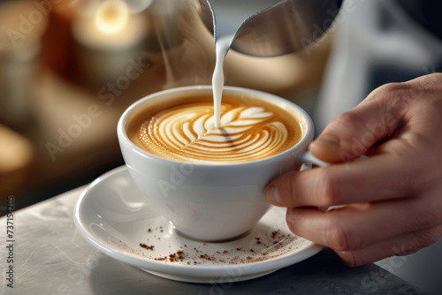 Barista Pouring Milk to Create Latte Art. A professional barista skillfully making latte art, with detailed focus on the hands pouring milk into a coffee cup