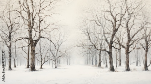 a painting of a snow covered forest with trees and ground on the ground.