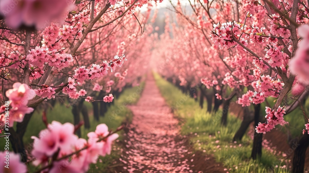 a forest of the peach trees with blossom in the fall bloom adorning every branch and limb - obrazy, fototapety, plakaty 