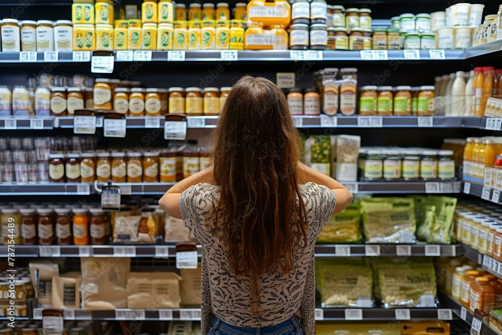 a woman choose the goods to buy on the shelf in a supermarket