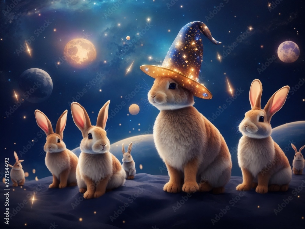 Celestial Hat Parade: Two Rabbits Shine in Enchanting Cosmic Hats ...