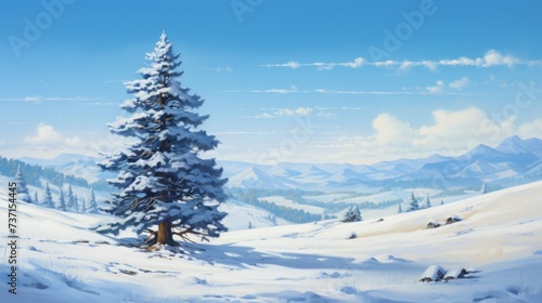 a painting of a snowy mountain scene with a pine tree foreground and a blue sky background.