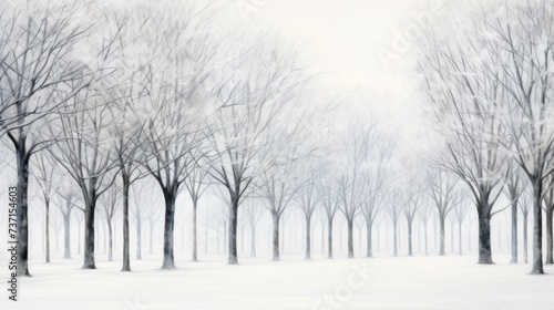 a painting of a snowy landscape with trees and snow on the ground. photo