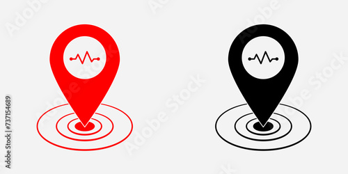 Earthquake epicenter location cordinat icon set. Seismic activity isolated on white background. GPS navigation element. Seismic activity on disaster. Earthquake epicenter illustration on red and black