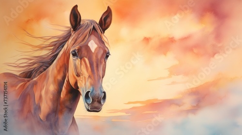 a painting of a horse is shown foreground with a sky background and clouds background.