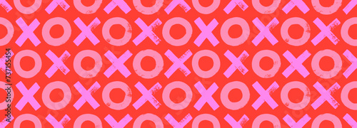 Seamless banner design with crosses and circles in bright pink colors. Brush drawn geometric seamless pattern.