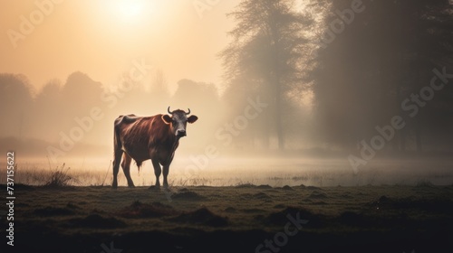 a cow standing field foggy day with trees in the background. © Anna