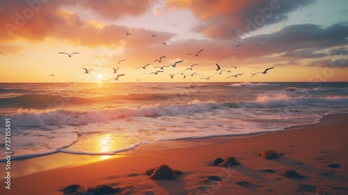 A peaceful beach scene with gentle waves, seagulls, and a colorful sunset captured with a wide-angle lens, using warm and vibrant film to create a serene and inviting atmosphere © Usman