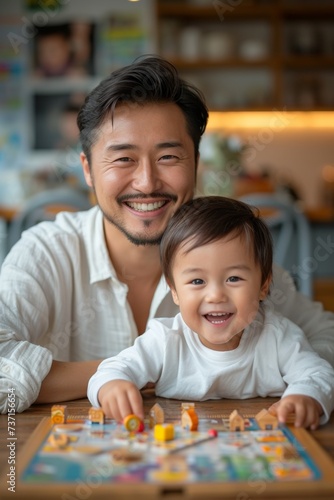 A cheerful Chinese father and his adorable infant son playing a board game at home.