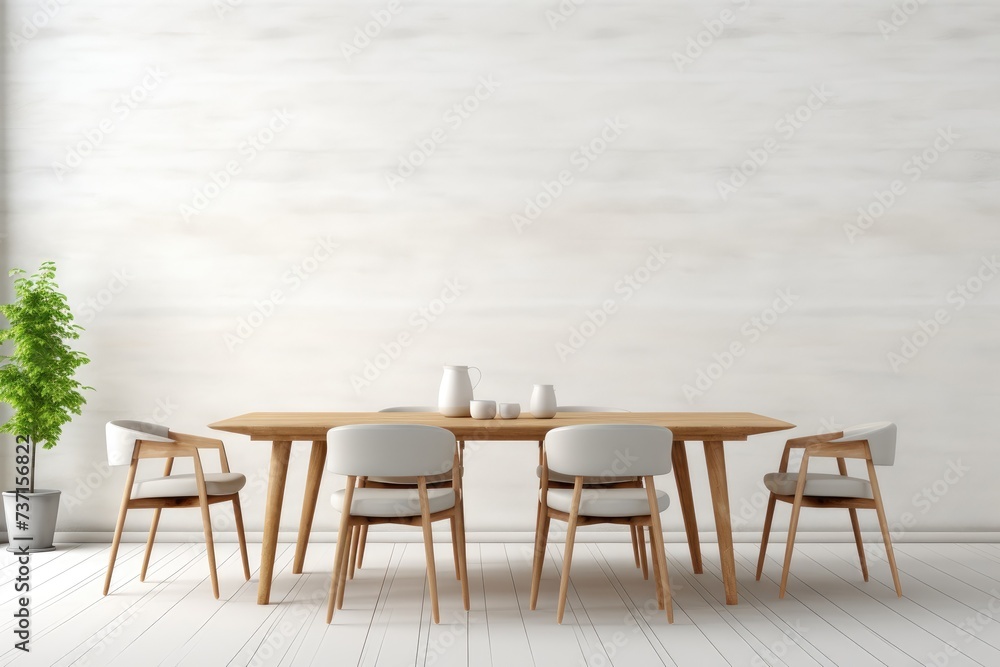 Dining table with chairs in a minimalist room with an empty wall