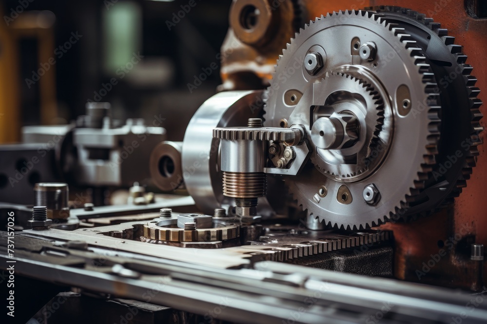 A detailed close-up of a robust machine plate in an industrial setting, surrounded by an array of mechanical parts and complex machinery A detailed close-up of a robust machine plate in an industrial setting, surrounded by an array of mechanical parts and complex machinery