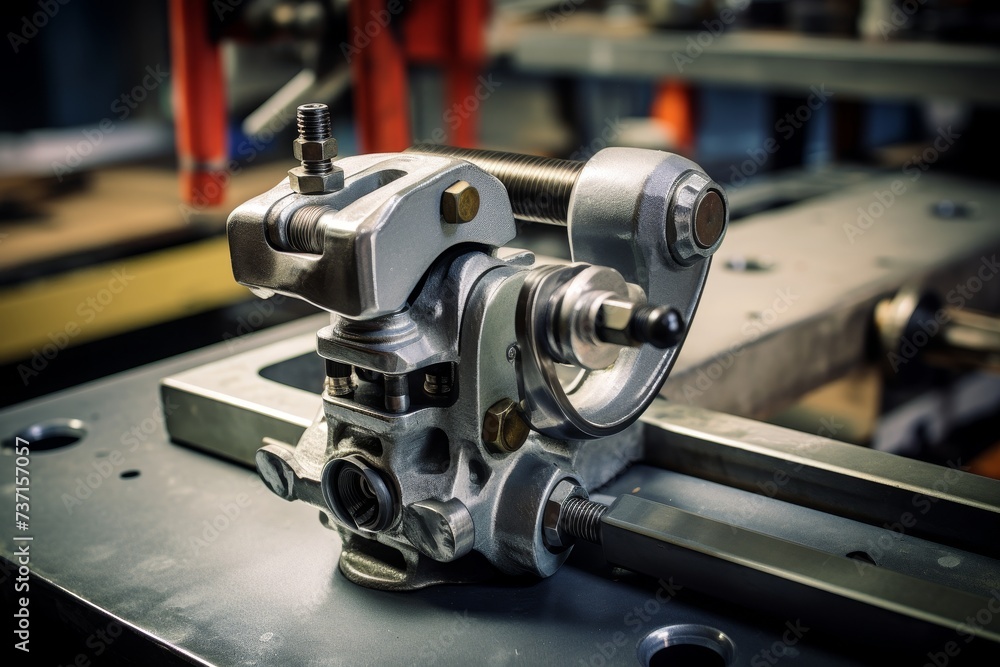 A sturdy toggle clamp, an essential tool in the manufacturing industry, securely fastened to a workbench amidst various other tools and machinery A sturdy toggle clamp, an essential tool in the manufacturing industry, securely fastened to a workbench amidst various other tools and machinery
