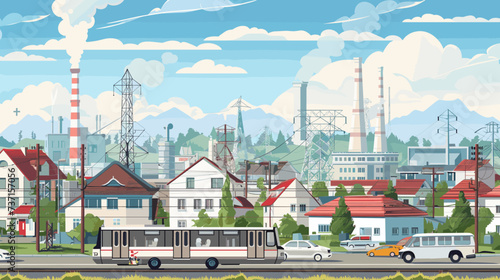 Industrial landscape juxtaposed with a residential area.It features a gas and electric factory with multiple smokestacks emitting vapor or smoke, suggesting industrial activity.