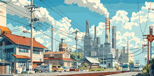 Industrial landscape juxtaposed with a residential area.It features a gas and electric factory with multiple smokestacks emitting vapor or smoke, suggesting industrial activity.