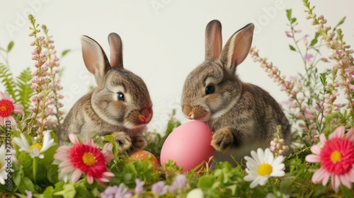 two rabbits sitting next to each other in a field of flowers with an and a pink. © Anna