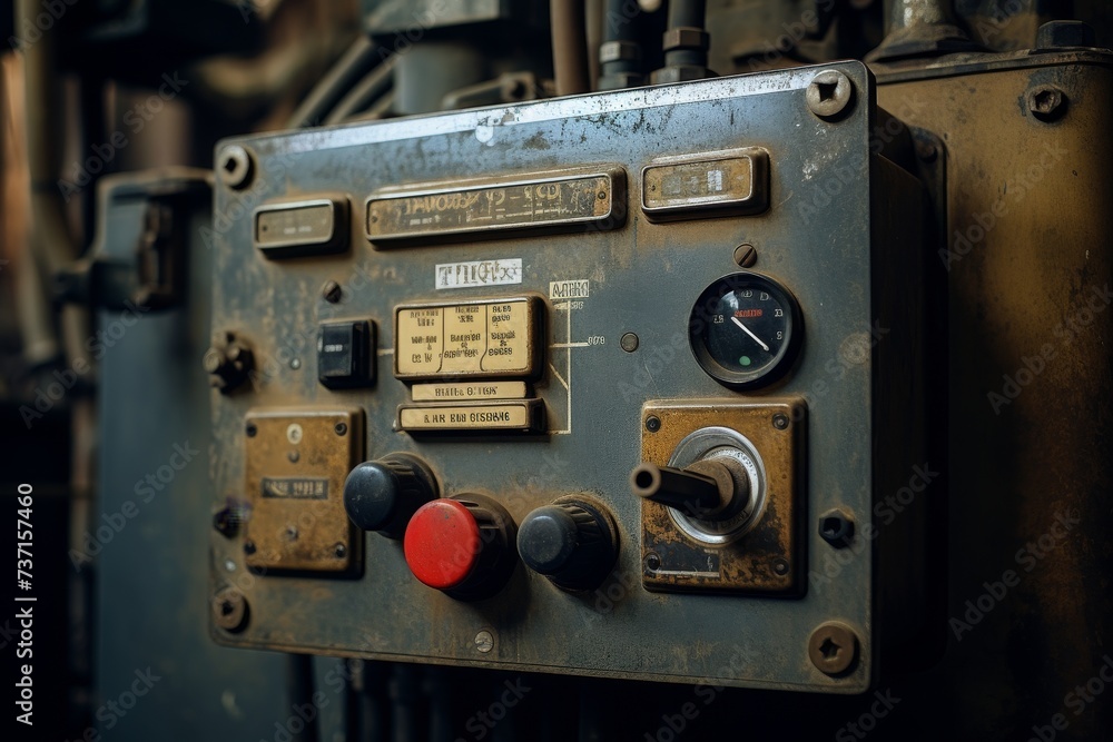 A Close-Up View of a Rugged Industrial Switch with Visible Wear and Tear, Mounted on a Grungy Metal Panel in a Busy Factory Setting A Close-Up View of a Rugged Industrial Switch with Visible Wear and Tear, Mounted on a Grungy Metal Panel in a Busy Factory Setting