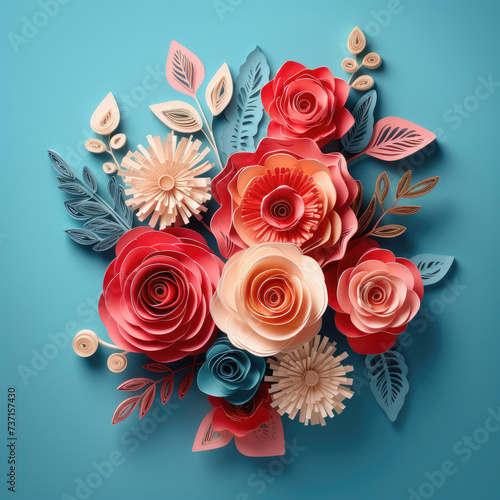 Bouquet of Paper Flowers on Blue Background © Paulina