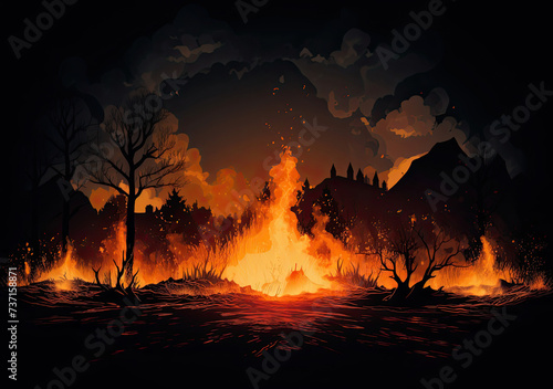A Painting of a Fire in the Middle of a Forest