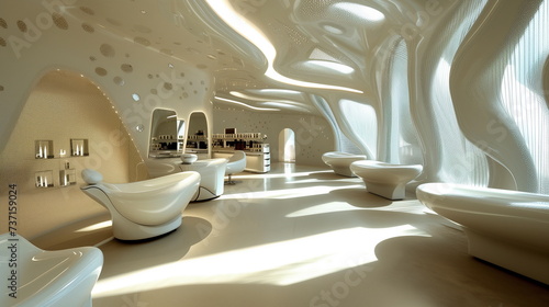 luminescent sleek spa salon nestled within a futuristic spaceship, offering rejuvenating treatments against stellar backdrops, futuristic and modern, neon lights, white interior