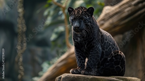 a large black leopard sitting on top of a rock next to a lush green forest filled with lots of trees.