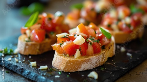 a close up of a piece of bread with tomatoes and cheese on it black plate table.