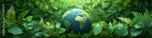 Earth globe with green leaves and plants in nature. Environment and conservation concept. International Mother Earth Day. Environmental problems and protection. Caring for nature