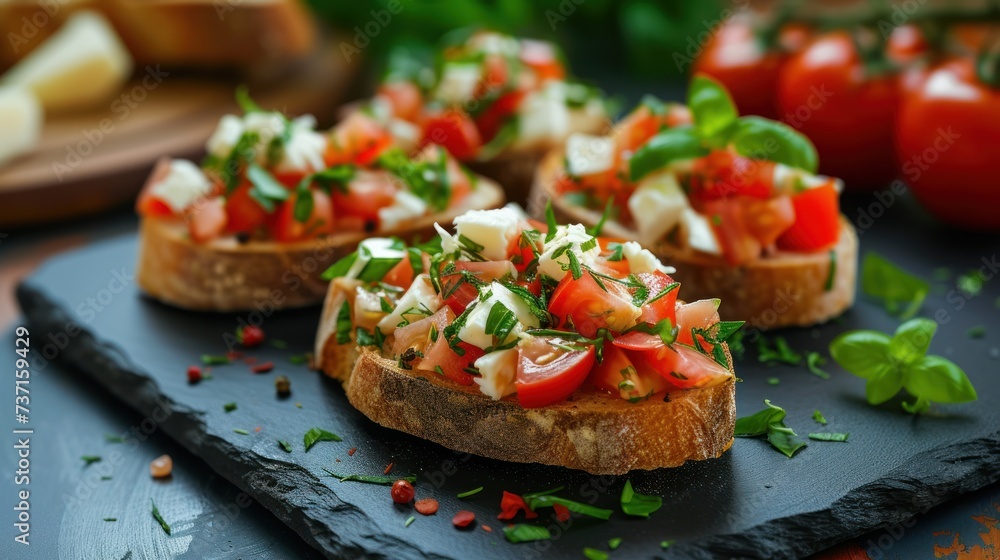 a close up of a piece of bread with tomatoes and other toppings black plate table.