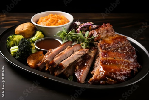 Flavorful Pork bbq plate. Sauce cooked lamb. Generate Ai photo