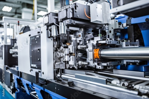 Obraz na płótnie A Detailed View of a High-Precision Injection Molding Machine in an Industrial Setting, Designed for the Production of Complex Plastic Parts w salonie