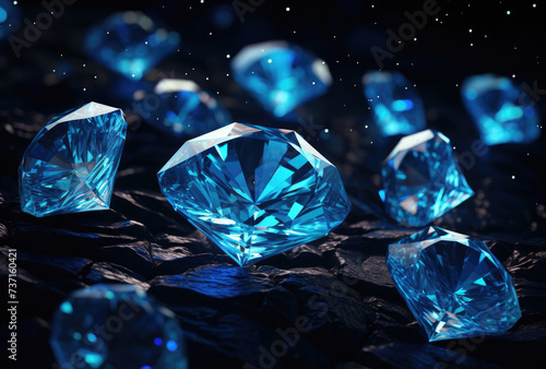 Group of Blue Diamonds on Black Surface