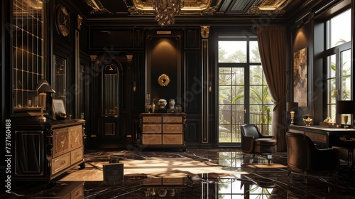 a room with a marble floor and a chandelier hanging from the ceiling and a desk with a chair in front of it. photo