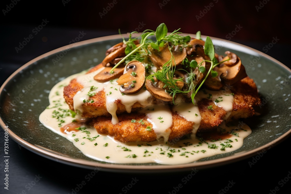 Savory Pork schnitzel mushroom. Meal dinner. Generate Ai